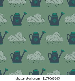 Vector seamless autumn pattern with watering-can and cloud