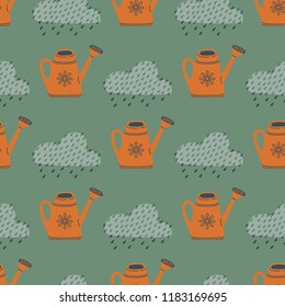 Vector seamless autumn pattern with watering-can and cloud
