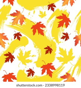 Vector seamless autumn pattern with yellow falling leaves and watercolor brush strokes.
