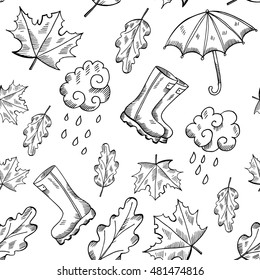 Vector seamless autumn patterns with hand drawn sketch illustrations. Autumn background with doodle leaves, boots, umbrella, clouds and rain drawings