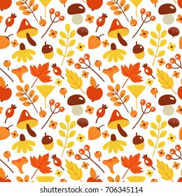 Vector seamless in autumn style. Berries, yellow leaves, nuts and mushrooms.