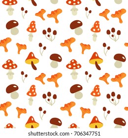 Vector seamless in autumn style. Different bright mushrooms.