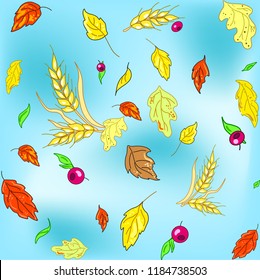 Vector seamless autumn texture with leaves and wheat spikes on blue background