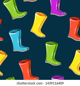 Vector seamless autumn,fall pattern,texture,print. Rainy colorful boots,leaves on the dark background