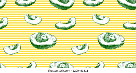 Vector Seamless Avocado Pattern, Coloful Background, Exotic Fruits.