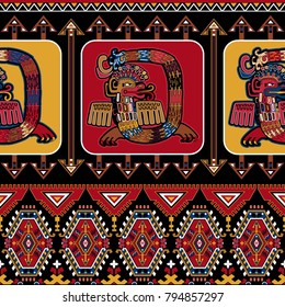 Vector seamless Aztec backdrop. Mexican ornamental pattern. Colorful wallpaper with mythical creatures. Bright multicolor geometric background. Black and red ethnic american Indians pattern.