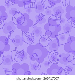 Vector seamless baby goods pattern contains thin line icons and floral background