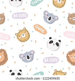 Vector seamless baby pattern with animals and text. Perfect for wallpaper, gift paper, pattern fills, web page background, greeting cards, package, postcards, baby book, notebook cover
