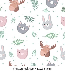 Vector seamless baby pattern with animals, branches, leaves. Perfect for wallpaper, gift paper, pattern fills, web page background, greeting cards, package, postcards, baby book, notebook cover
