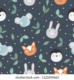 Vector seamless baby pattern with animals, branches, leaves. Perfect for wallpaper, gift paper, pattern fills, web page background, greeting cards, package, postcards, baby book, notebook cover
