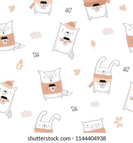 Vector seamless baby pattern with autumn animals. Perfect for wallpaper, gift paper, pattern fills, web page background, greeting cards, package, postcards, baby book, notebook cover
