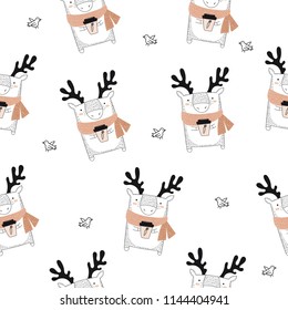 Vector seamless baby pattern with autumn deer. Perfect for wallpaper, gift paper, pattern fills, web page background, greeting cards, package, postcards, baby book, notebook cover
