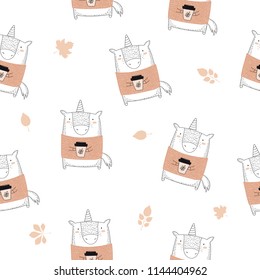 Vector seamless baby pattern with autumn unicorns. Perfect for wallpaper, gift paper, pattern fills, web page background, greeting cards, package, postcards, baby book, notebook cover
