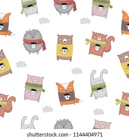 Vector seamless baby pattern with autumn animals. Perfect for wallpaper, gift paper, pattern fills, web page background, greeting cards, package, postcards, baby book, notebook cover

