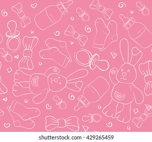 Vector seamless baby pattern from children's toys bunny, clothes, comforter, baby's dummy, ribbons and bottles