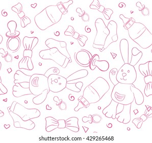 Vector seamless baby pattern from children's toys bunny, clothes, comforter, baby's dummy, ribbons and bottles