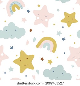 vector seamless baby pattern with cute stars and clouds. pattern in flat style for printing on baby clothes, fabric, wallpaper in nursery