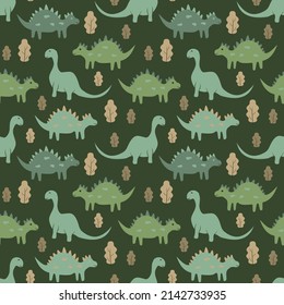 vector seamless baby pattern with cute dinosaurs and trees. pattern in flat style for printing on fabric, clothing, wallpaper