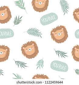 Vector seamless baby pattern with lion, branches, leaves. Perfect for wallpaper, gift paper, pattern fills, web page background, greeting cards, package, postcards, baby book, notebook cover