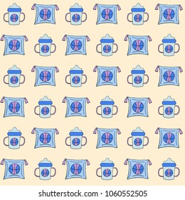 Vector seamless baby pattern for newborn baby - bottle and pillow
