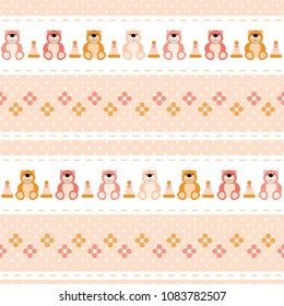vector seamless baby pattern teddy bears, flowers, pyramid, pink color