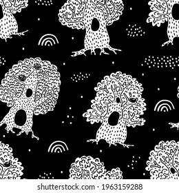 Vector seamless baby pattern with white trees on black background. Dark non-soiled texture for kids jackets, raincoat, outerwear. Contrast ornament with singing fairy forest. Hand-drawn illustration.