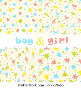 Vector seamless baby patterns set: colorful silhouettes birds, rocking horses, icecream and blots (blobs). Vector illustration. The frame and text are removed