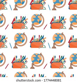 Vector seamless back to school pattern with pencil case, school accessories, and globe. Seamless pattern with various school supplies on a white background. Set of school supplies in cartoon style.