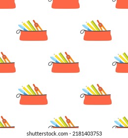 vector seamless back to school pattern with pencil case, school accessories, vector illustration with various school supplies on white background, cartoon style