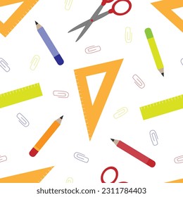 Vector seamless back to school pattern in cartoon style with stationery. School supplies pattern design