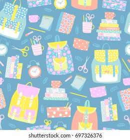 Vector seamless back to school pattern with books, backpacks, pens, pencils