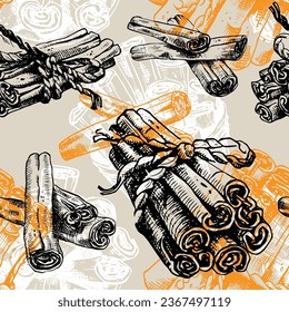 Vector Seamless Backdrop. Cinnamon sticks on all sides. Different view of spicy rolls. Vintage looking hand-drawn artwork. Good for design, packaging, wallpaper and other. Cooking ingredient theme.