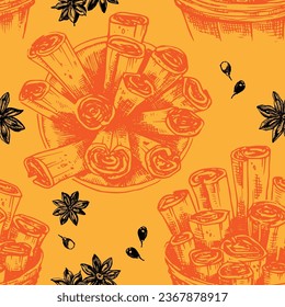 Fondo sin vectores. Palos de canela por todos lados. Diferentes vistas de los rollos picantes. Obra de arte pintada a mano de aspecto vintage. Bien para el diseño, el embalaje, el papel pintado y otros. Tema del ingrediente de cocina.