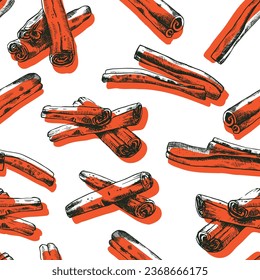 Vector Seamless Backdrop. Cinnamon sticks on all sides. Different view of spicy rolls. Vintage looking hand-drawn artwork. Good for design, packaging, wallpaper and other. Cooking ingredient theme.