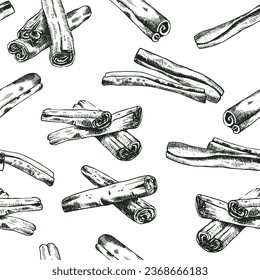 Vector Seamless Backdrop. Cinnamon sticks on all sides. Different view of spicy rolls. Vintage looking hand-drawn artwork. Good for design, packaging, wallpaper and other. Cooking ingredient theme.