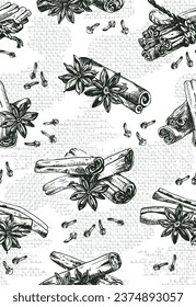 Vector Seamless Backdrop. Cinnamon sticks with anise stars. Different view of spicy rolls. Vintage looking hand-drawn artwork. Good for design, packaging, wallpaper. Cooking ingredient theme.