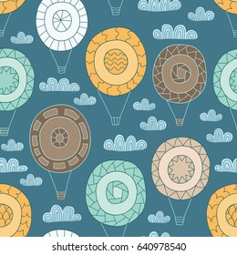 Vector seamless background with abstract air balloons and clouds.