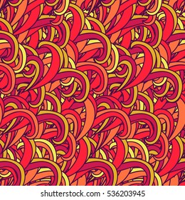 Vector seamless background with abstract brunches. Endless hand-drawn colorful pattern with doodle elements. Use for wallpaper, textile, book cover, clothes. Make in red and yellow colors