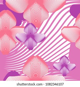 Vector seamless background with abstract flowers of lines. Can be used for printing on packing paper, wallpaper, fabrics, in textiles, furniture fabric, interior decoration, fashion accessories