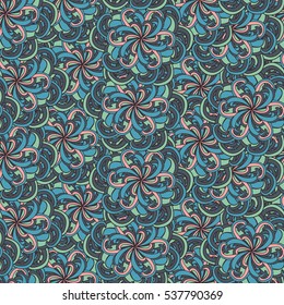 Vector seamless background with abstract flowers. Endless hand-drawn colorful pattern with doodle elements. Use for wallpaper, textile, book cover, clothes. Make in blue, green and pink colors