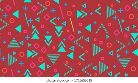 Vector seamless background, abstract geometry, memphis. Multi-colored rhombuses, triangles, pluses, circles, hyphens, perforations.