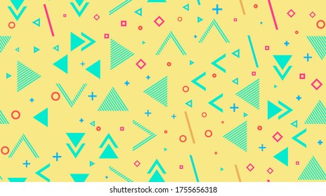 Vector seamless background, abstract geometry, memphis. Multi-colored rhombuses, triangles, pluses, circles, hyphens, perforations.