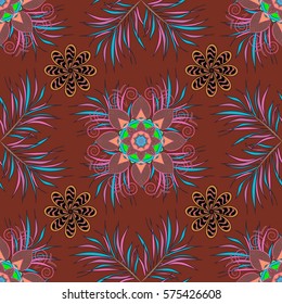 Vector seamless background with abstract leaves. Endless hand-drawn colorful pattern with doodle elements. Use for wallpaper, textile, book cover, clothes. Make in red and blue colors. Mandalas.