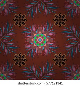 Vector seamless background with abstract leaves. Endless hand-drawn colorful pattern with doodle elements. Use for wallpaper, textile, book cover, clothes. Make in red and blue colors. Mandalas.