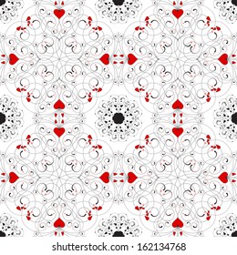 Vector seamless background. Abstract pattern with curls and hearts. Wedding or Valentine's Day.