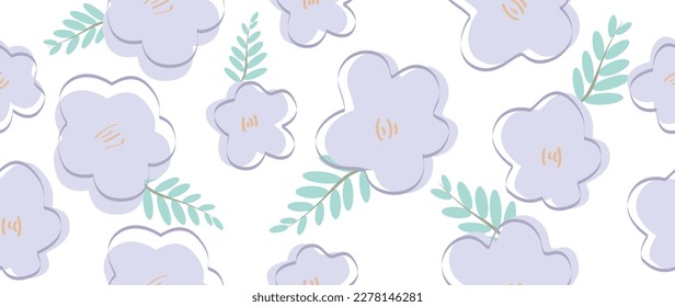 Vector seamless background. Abstract purple flowers with leaves on a light background. Modern fashion print. Perfect for textile design, backgrounds, screensavers, posters, cards and invitations.