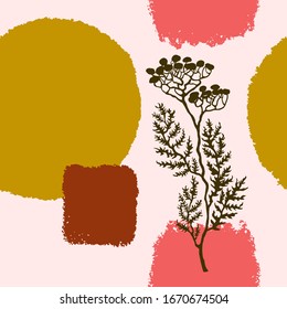 Vector seamless background with abstract shapes and illustration of plant. Scandinavian Style. For wallpaper, posters, textile print, wrapping paper, greeting card template, social media post