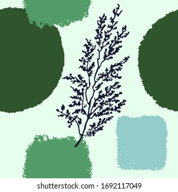 Vektorillustration nahtloser Hintergrund mit abstrakten Formen und Pflanzengrafik. Skandinavischer Stil. Für Tapeten, Poster, Stoffdruck, Verpackungspapier, Grußkartenvorlage, Social Media-Post,