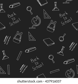 Vector seamless background with accessories for school. Back to school. Icons are painted by hand on black.