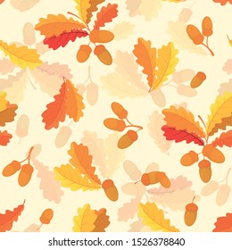 Vector seamless background with acorns and autumn oak leaves in orange, beige, brown and yellow. Background with autumn leaves. All items are available for editing.